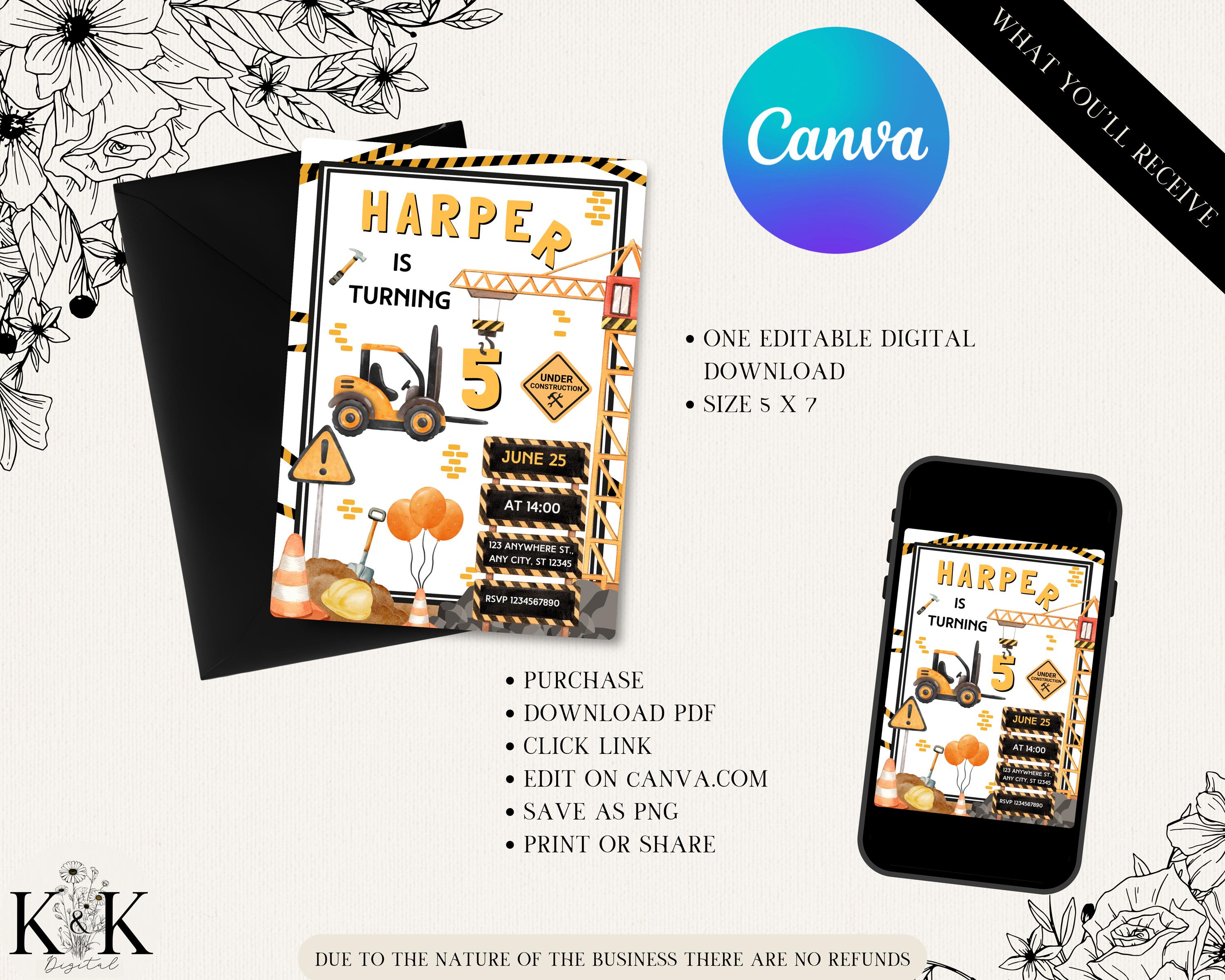 Editable Construction Invitation, Construction Birthday Invitations, Under Construction Party Invite, Printable Digital Instant download