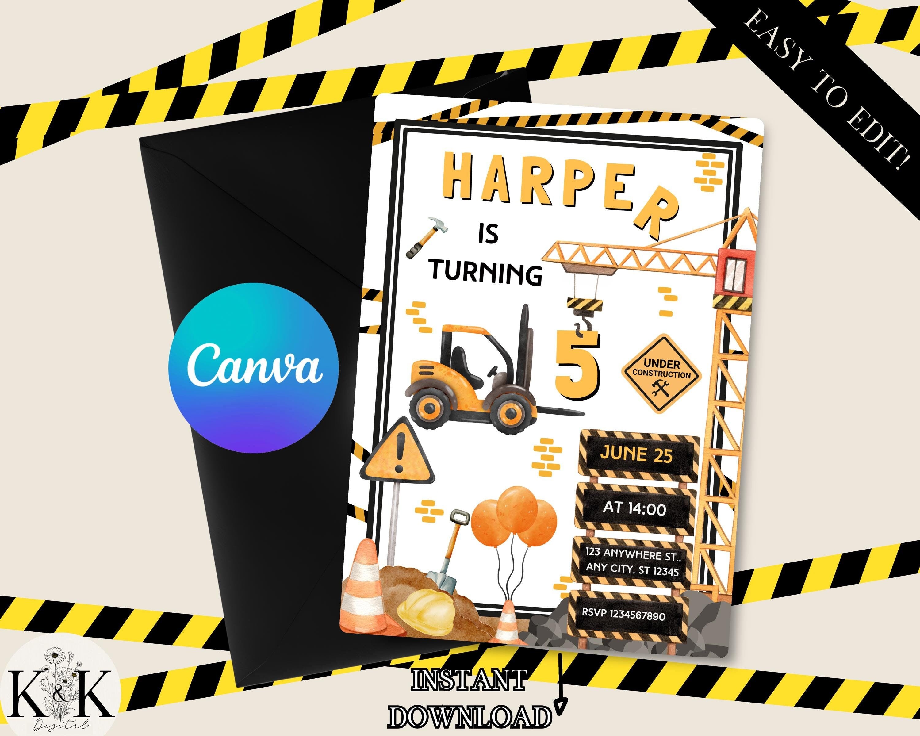 Editable Construction Invitation, Construction Birthday Invitations, Under Construction Party Invite, Printable Digital Instant download