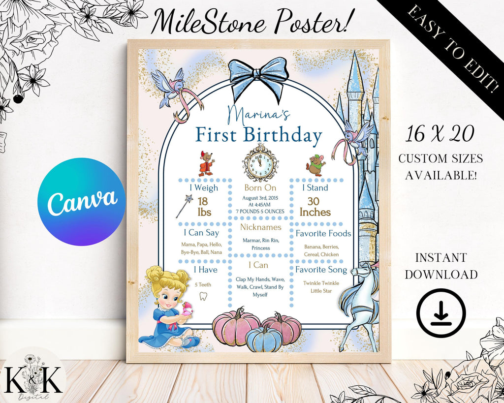 Cinderella Milestone Sign, Milestone Poster, Printable Baby First Birthday Milestone sign, Digital file, BC001