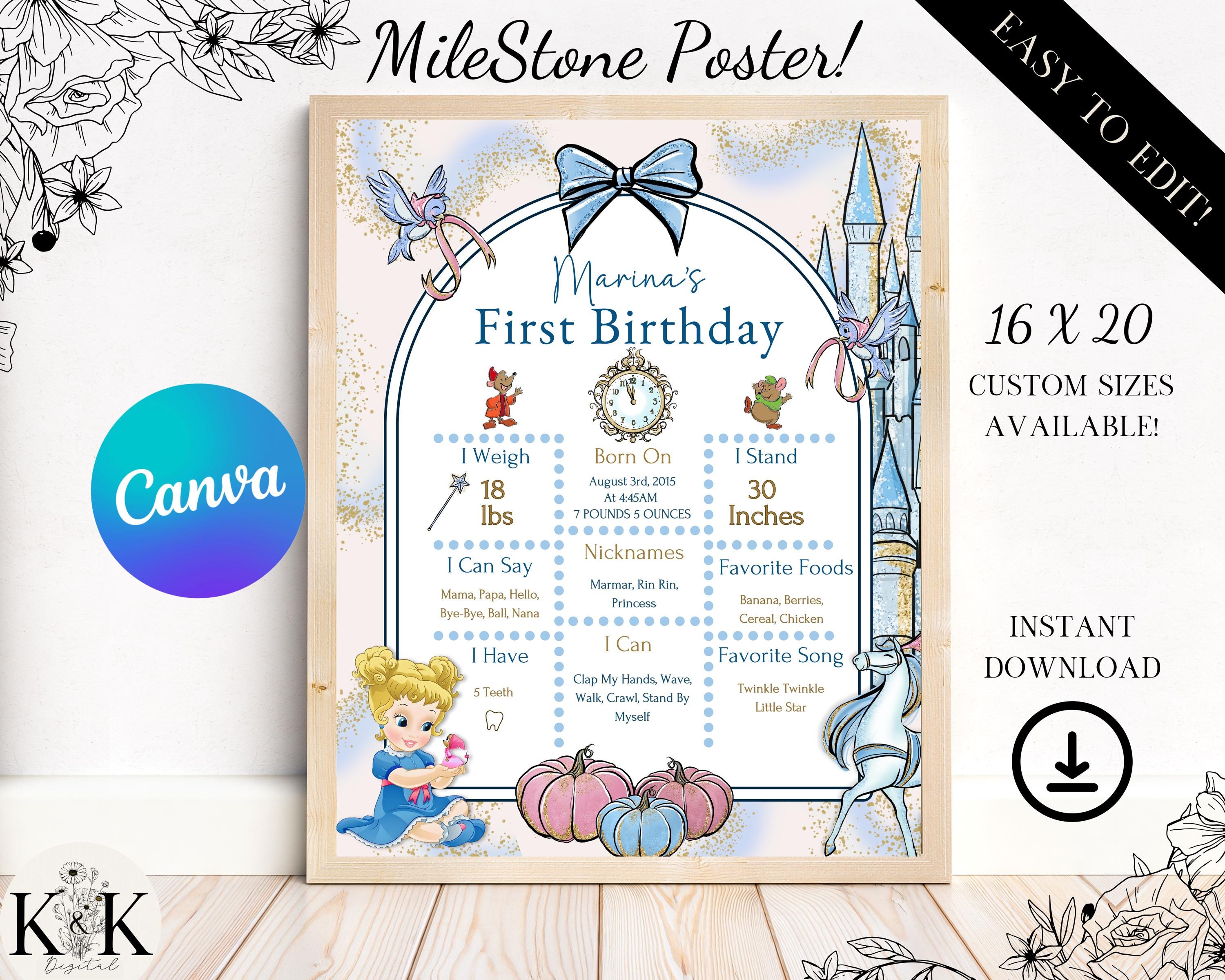 Cinderella Milestone Sign, Milestone Poster, Printable Baby First Birthday Milestone sign, Digital file, BC001