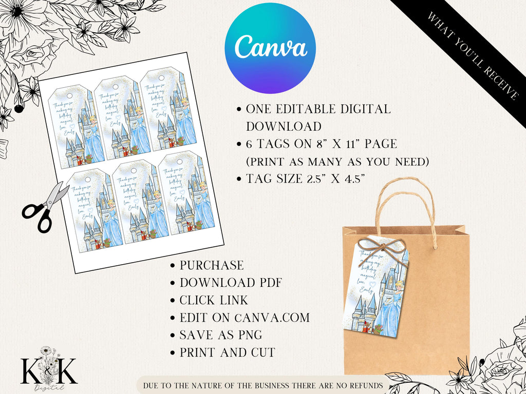 Cinderella Editable Favor Tag, Birthday Girl, Cinderella Gift Thank You Tag, Favor Tag Digital Download, D013