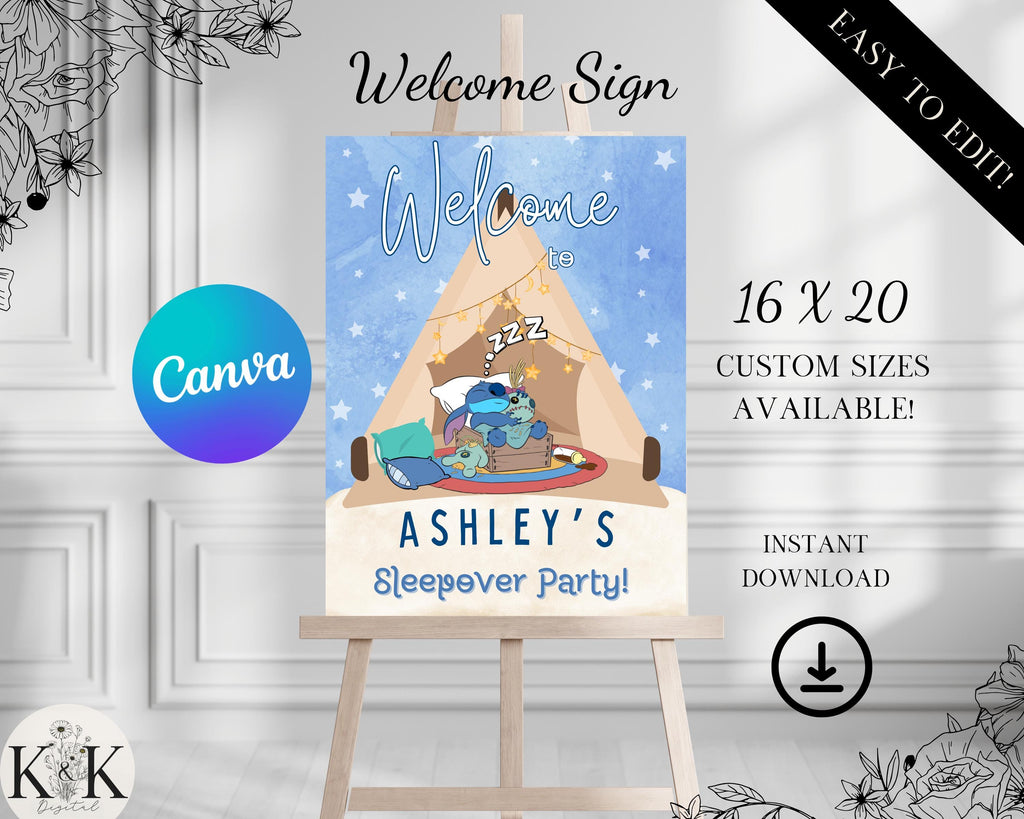 Lilo and Stich Slumber Party Welcome Sign, Stitch Sleepover Birthday Poster, Stitch Party, Digital Welcome Sign, Birthday Party Signage S006