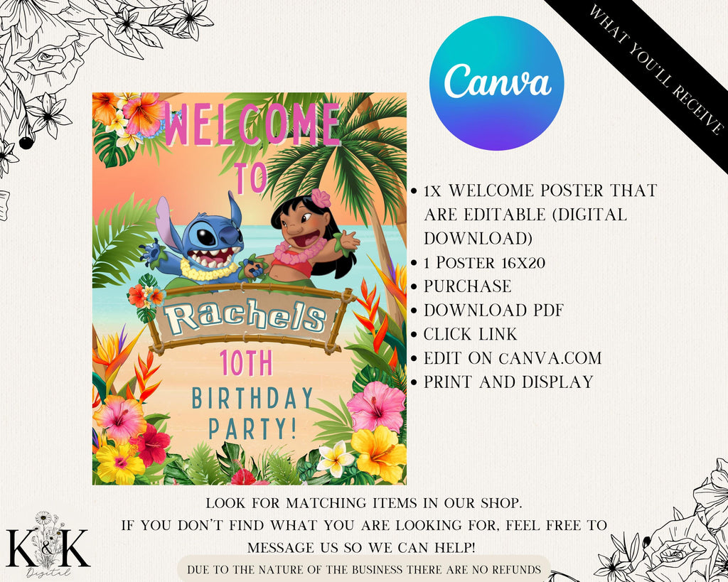 Lilo and Stich Tropical Party Welcome Sign, Stitch Luau Birthday Poster, Stitch Party, Digital Welcome Sign, Birthday Party Signage ST001