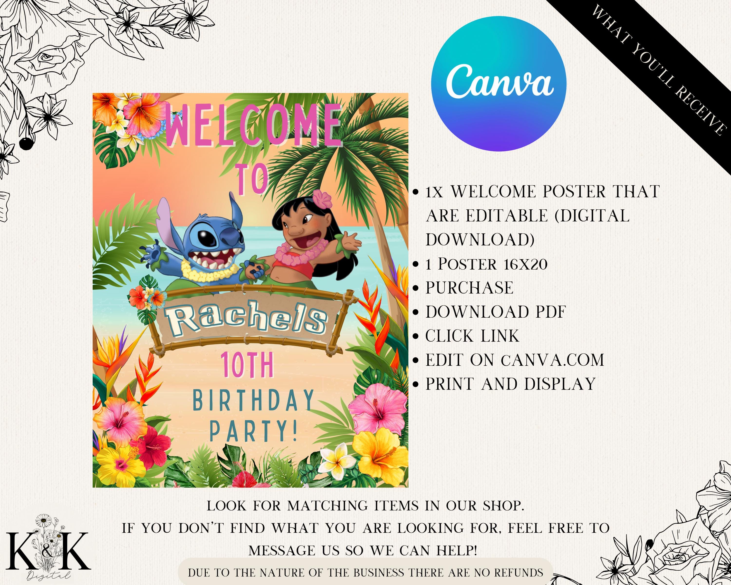Lilo and Stich Tropical Party Welcome Sign, Stitch Luau Birthday Poster, Stitch Party, Digital Welcome Sign, Birthday Party Signage ST001