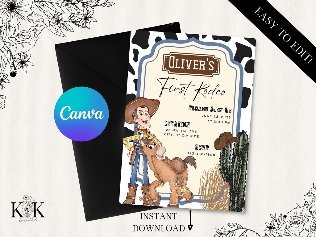 Toy Story Birthday Invitation, Woody and Bullseye Digital and Printable Invitation, First Rodeo, Cow print, Cowboy Invite, Western Party