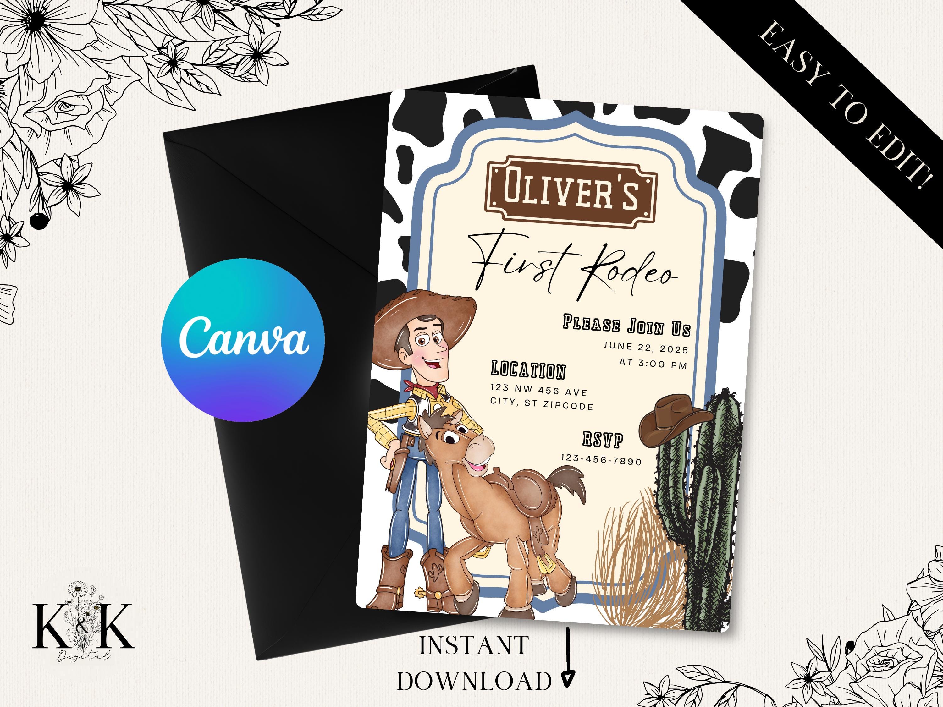 Toy Story Birthday Invitation, Woody and Bullseye Digital and Printable Invitation, First Rodeo, Cow print, Cowboy Invite, Western Party