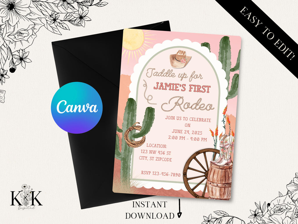 First Rodeo birthday invitation, Editable 1st Rodeo Invite, Cowgirl Theme Wild West Western Template, Printable Digital Download