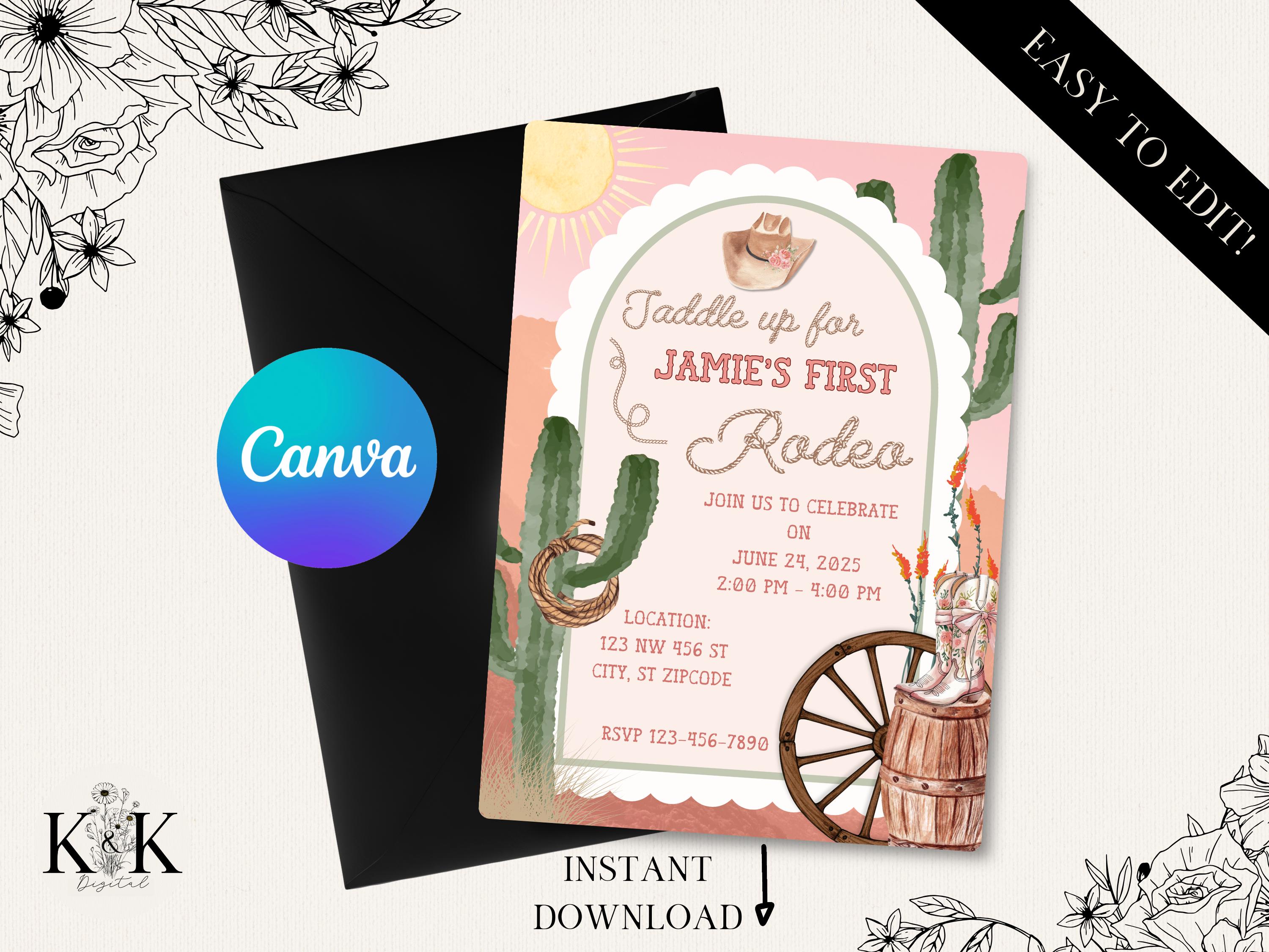First Rodeo birthday invitation, Editable 1st Rodeo Invite, Cowgirl Theme Wild West Western Template, Printable Digital Download