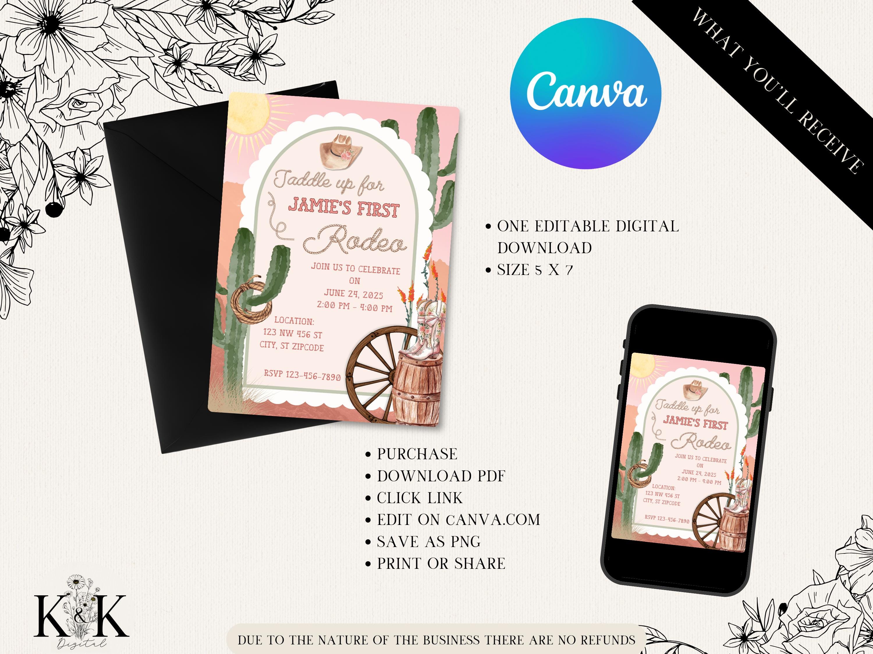 First Rodeo birthday invitation, Editable 1st Rodeo Invite, Cowgirl Theme Wild West Western Template, Printable Digital Download