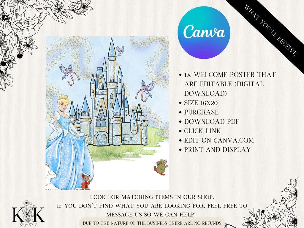 Cinderella Welcome Sign, Cinderella Party Poster, Birthday Party Signage, Princess Party Decor, Digital Birthday Welcome Sign, D013