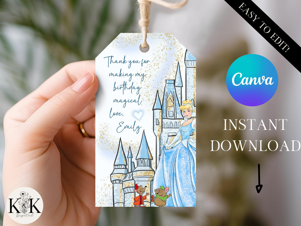Cinderella Editable Favor Tag, Birthday Girl, Cinderella Gift Thank You Tag, Favor Tag Digital Download, D013