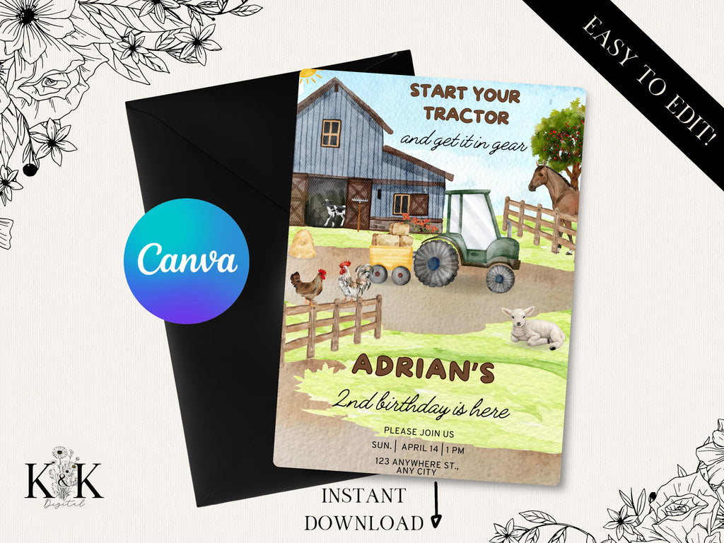Editable Tractor Birthday invitation, Green Tractor Invitation, any age, 1st birthday, 2nd birthday, Farm birthday, Tractor invite download
