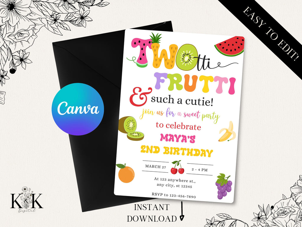 TWOtti frutti 2nd birthday invitation editable template, Twotti fruity invitation, Tutti frutty tropical summer fruit second birthday invite