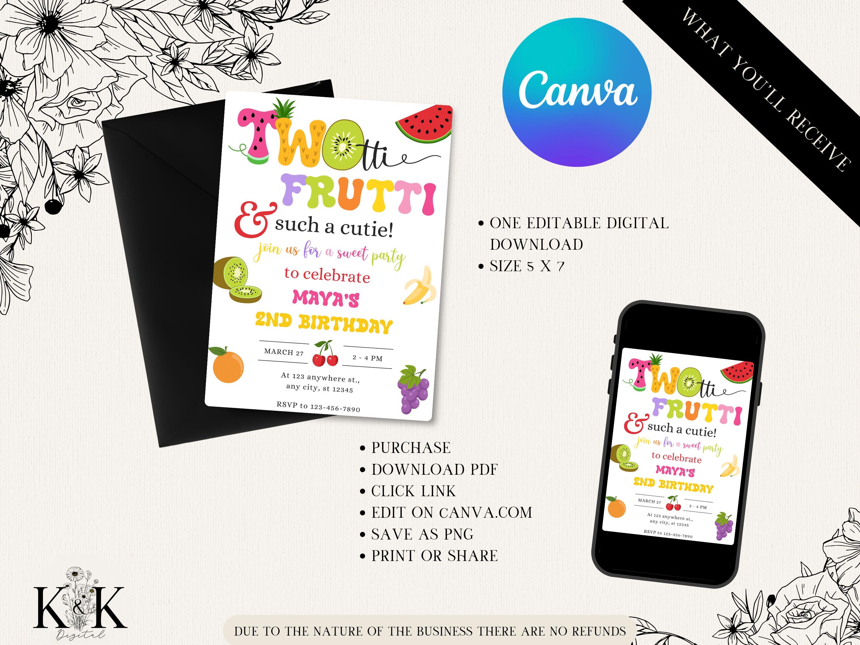 TWOtti frutti 2nd birthday invitation editable template, Twotti fruity invitation, Tutti frutty tropical summer fruit second birthday invite