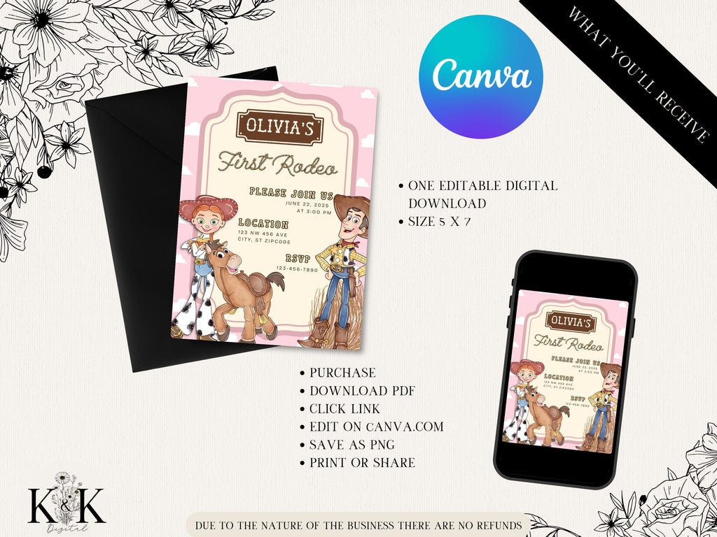 Toy Story Birthday Invitation, Jessie and Bullseye Digital and Printable Invitation, First Rodeo, Woody, Cowgirl Invite, Western Party