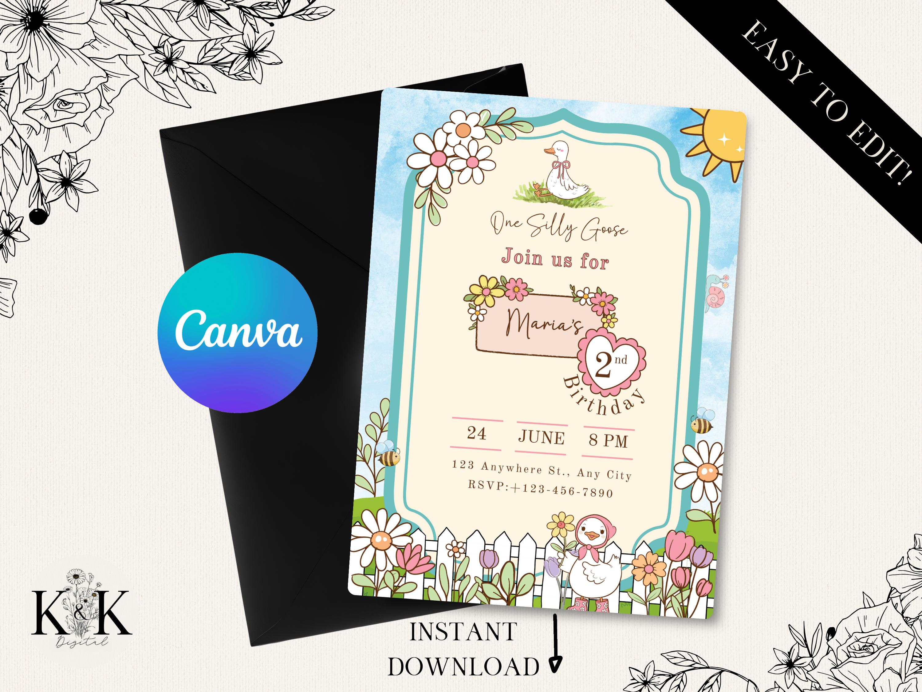 One Silly Goose Birthday Invitation, 1st Birthday Girl Pink Invite Printable, Goose 1st Birthday, Goose Invitation Template, Groovy Goose