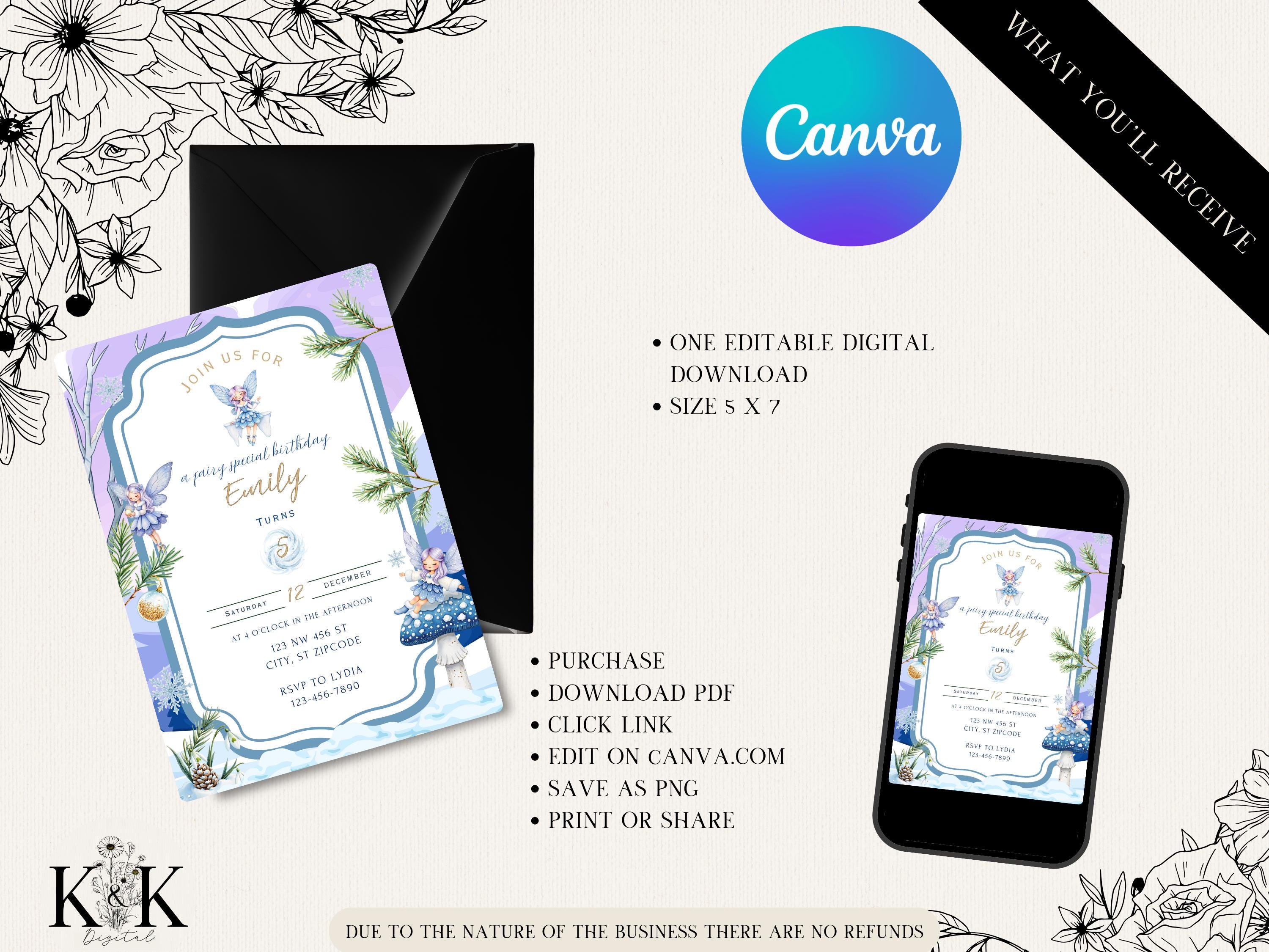 Winter Fairy Birthday Invitation, Snowflake Fairy Party Invite, Blue and Purple Winter Wonderland, Digital Editable Template