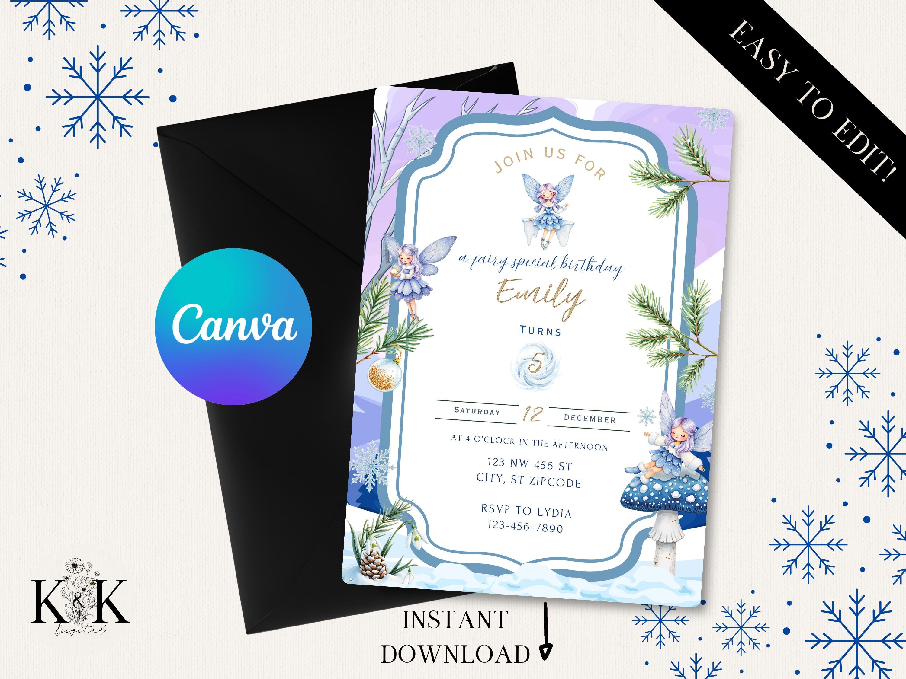 Winter Fairy Birthday Invitation, Snowflake Fairy Party Invite, Blue and Purple Winter Wonderland, Digital Editable Template