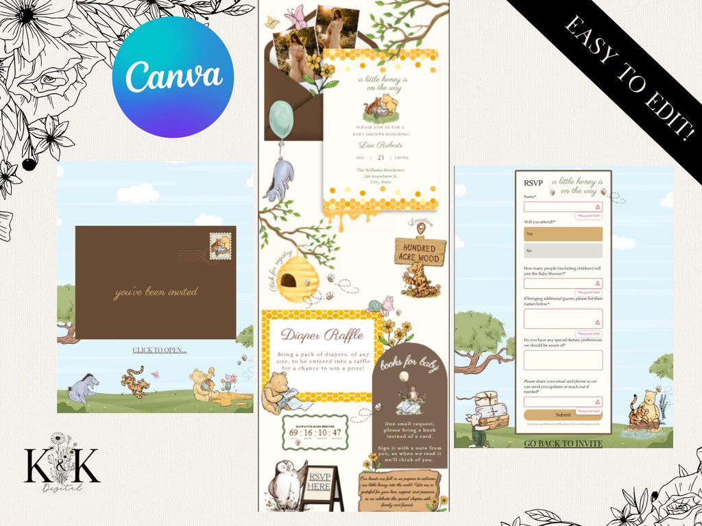Little Honey On The Way Baby Shower Website Invitation With RSVP | Classic Winnie Pooh | Editable Canva Template