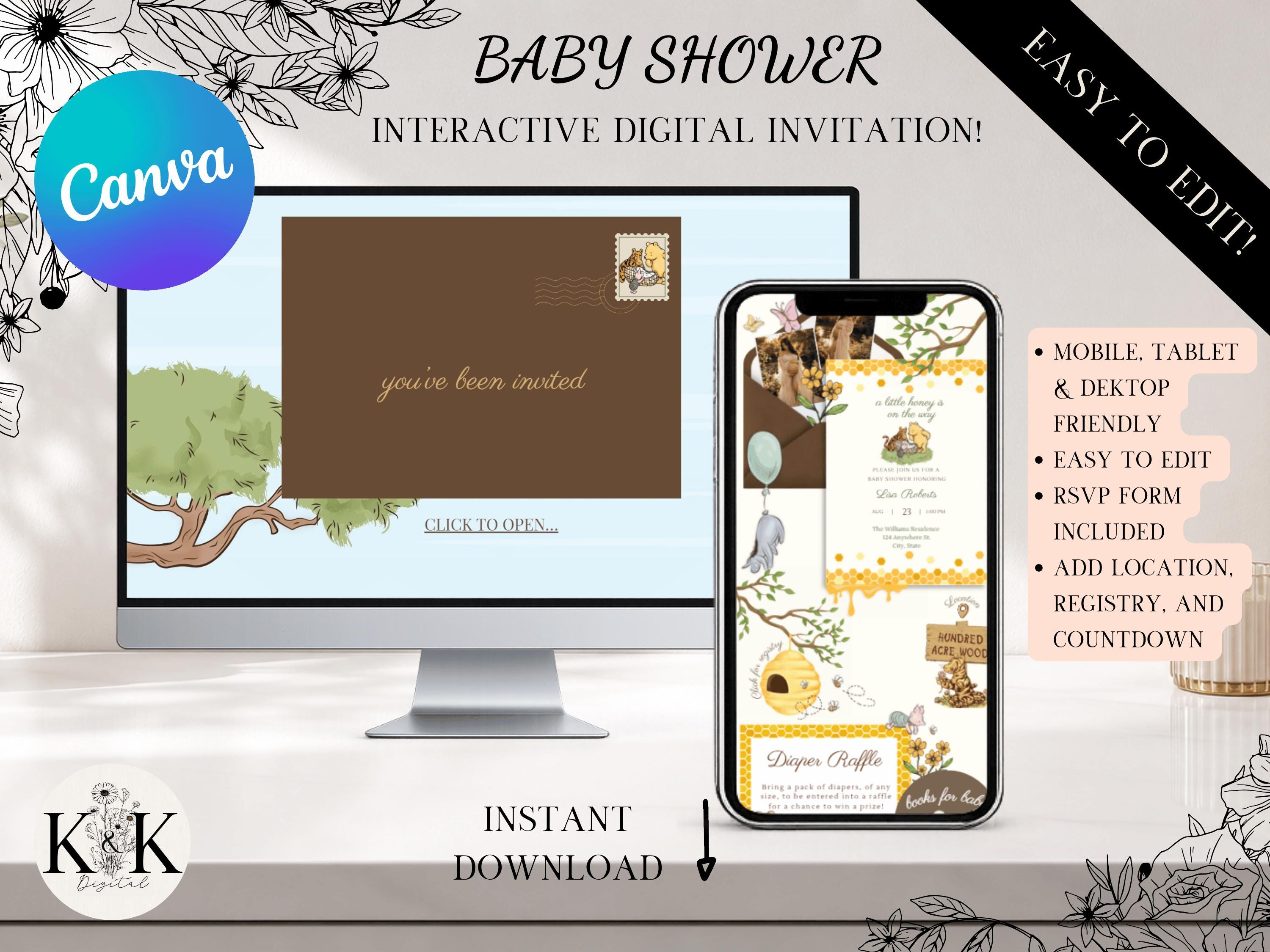 Little Honey On The Way Baby Shower Website Invitation With RSVP | Classic Winnie Pooh | Editable Canva Template