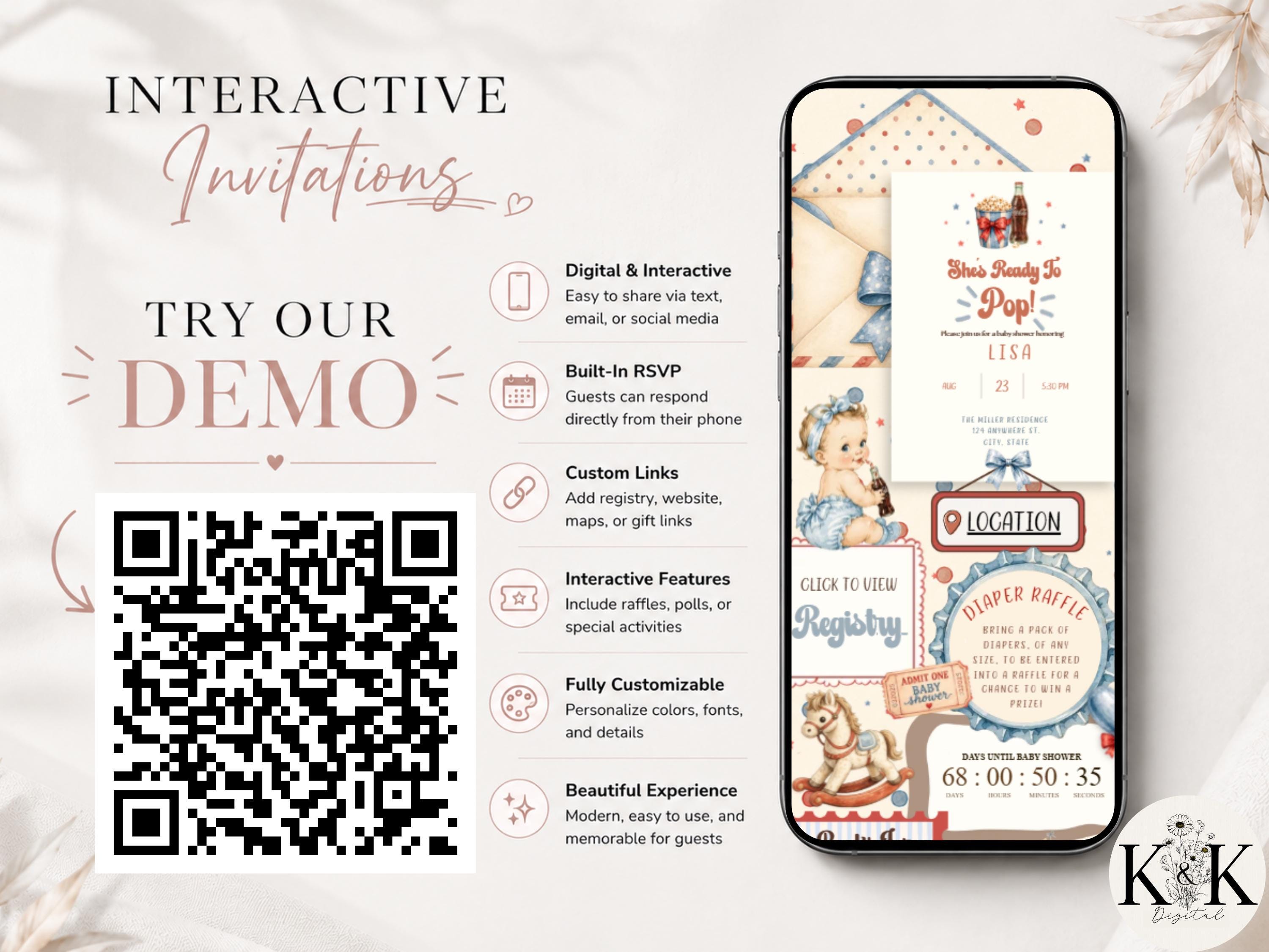 Shes ready to pop Baby Shower Animated Website Invite, Trackable RSVP (Digital Canva Template) Baby shower invitation | Cola | RSVP form