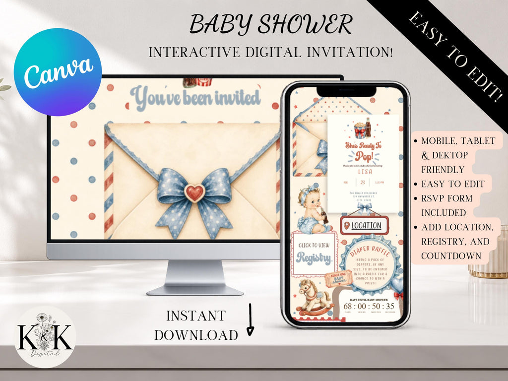 Shes ready to pop Baby Shower Animated Website Invite, Trackable RSVP (Digital Canva Template) Baby shower invitation | Cola | RSVP form