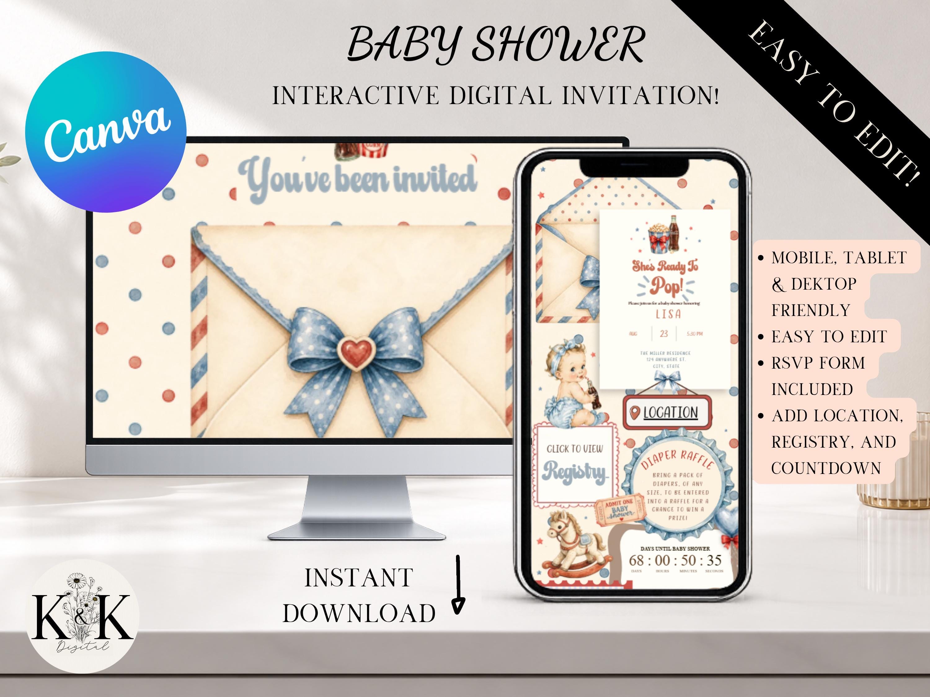 Shes ready to pop Baby Shower Animated Website Invite, Trackable RSVP (Digital Canva Template) Baby shower invitation | Cola | RSVP form