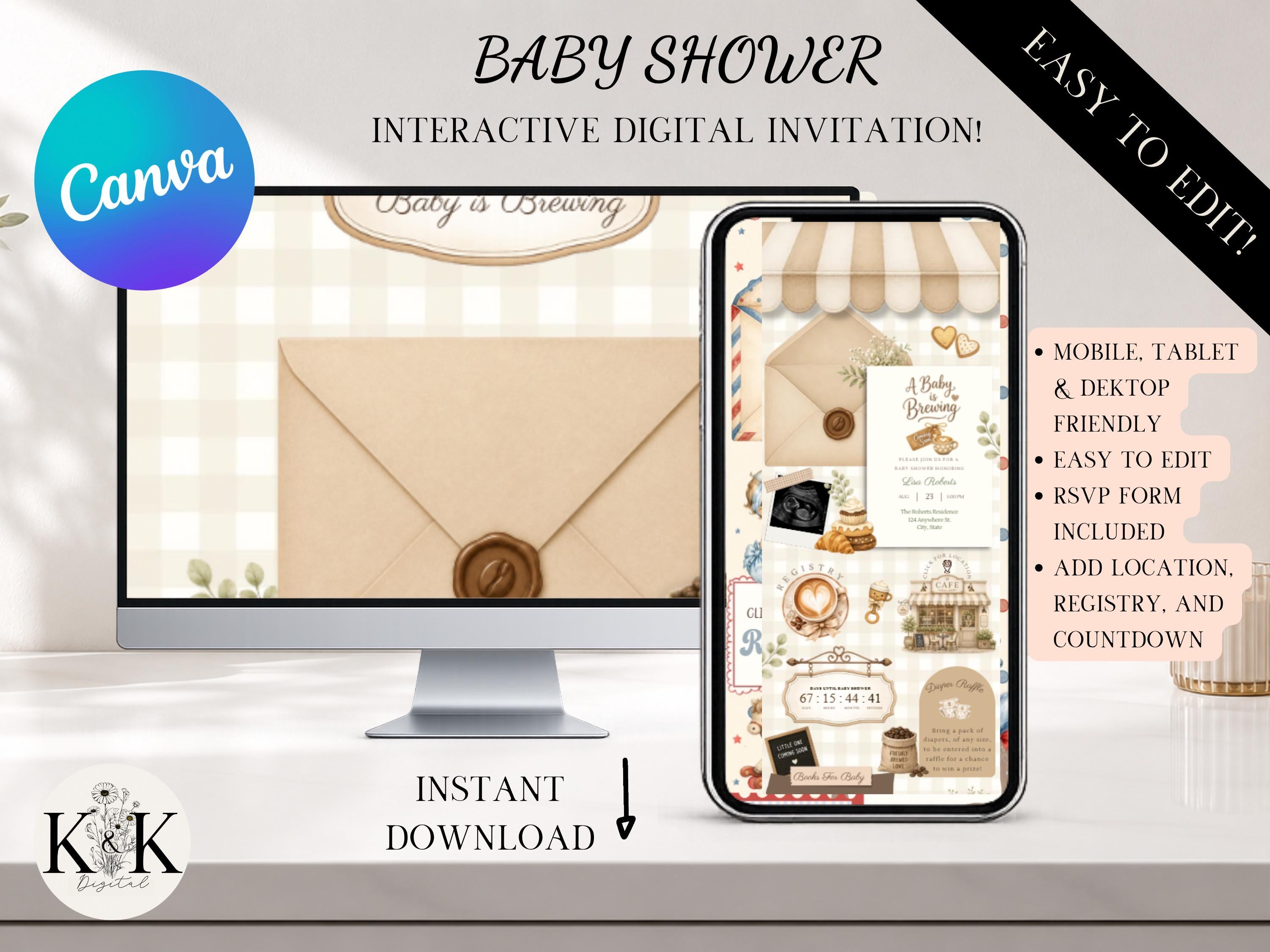 Baby is brewing Baby Shower Animated Website Invite, Trackable RSVP (Digital Canva Template) Baby shower invitation | coffee shop| RSVP form