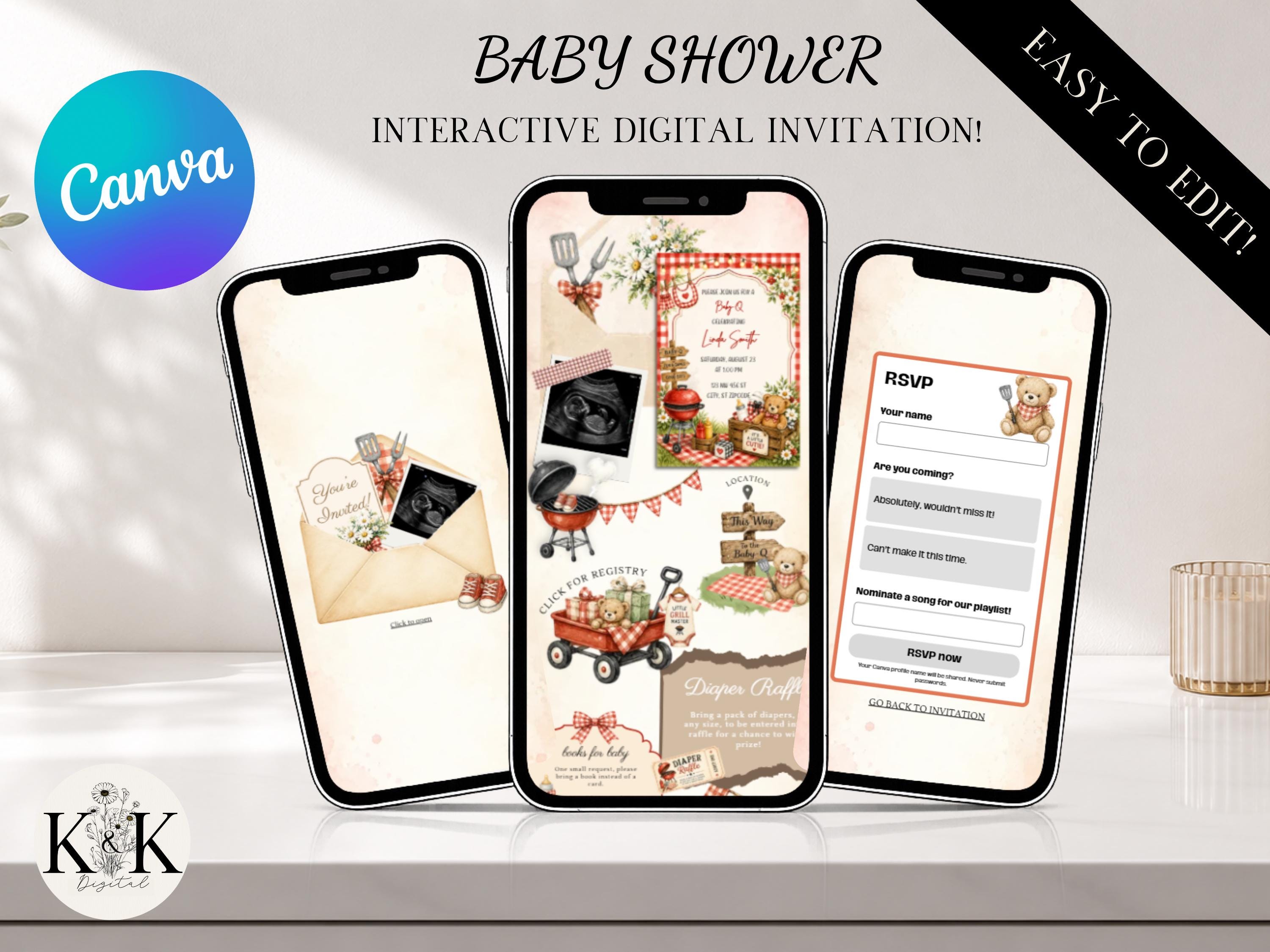 Baby-Q Barbecue Baby Shower Animated Website Invite, Trackable RSVP (Digital Canva Template) Baby shower invitation | Baby bun | RSVP form