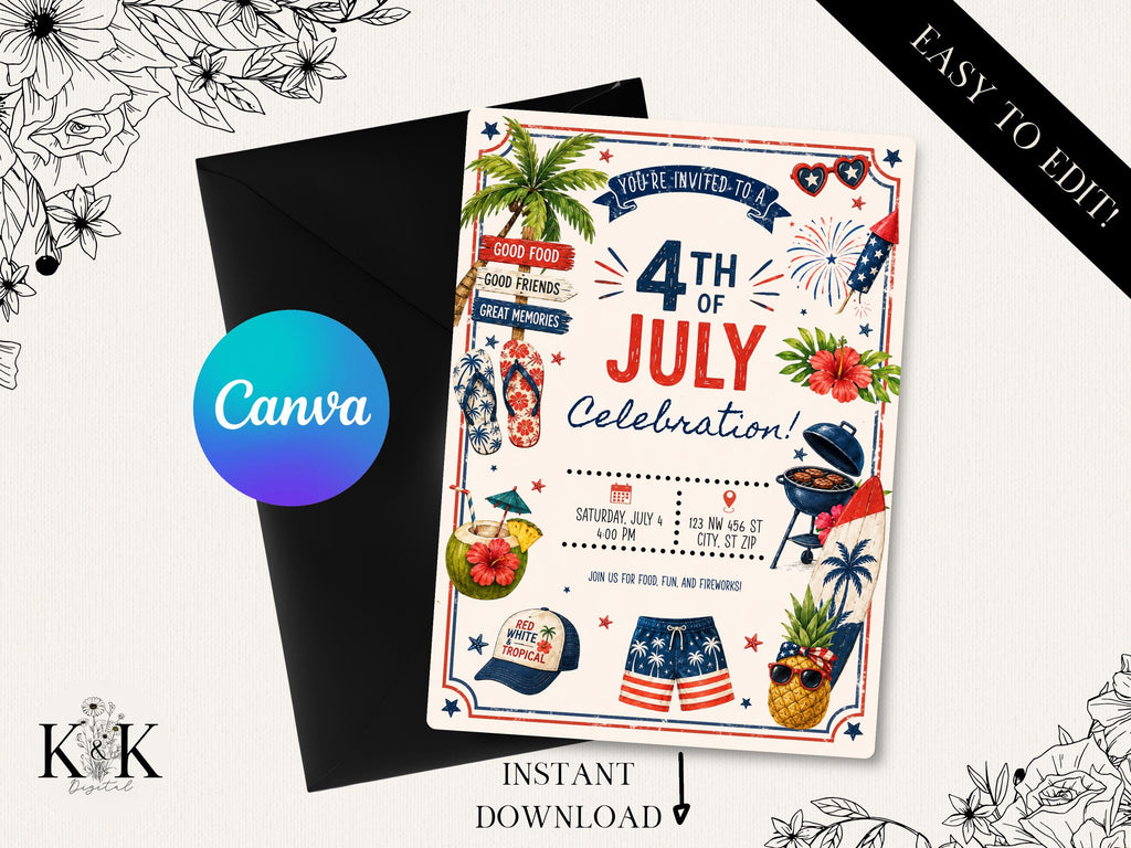 Fourth of July BBQ Invitation Template, Editable Canva Invitation, Patriotic Cookout Party Invite, Instant Download