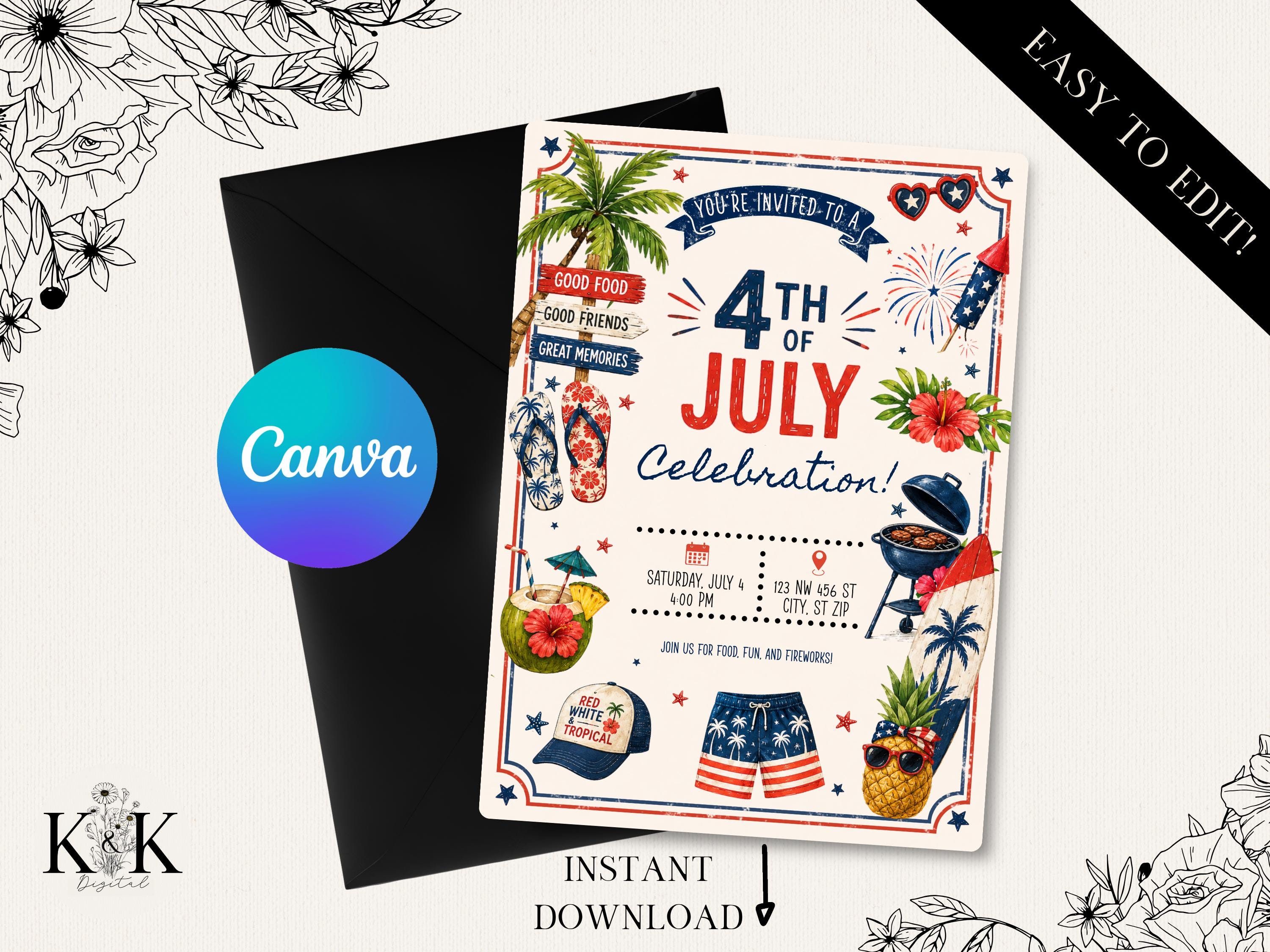 Fourth of July BBQ Invitation Template, Editable Canva Invitation, Patriotic Cookout Party Invite, Instant Download