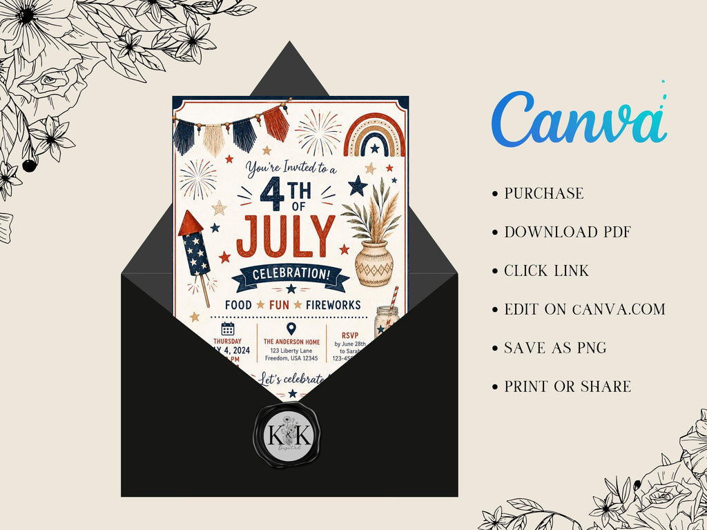 Fourth of July Boho Invitation Template, Editable Canva Invitation, Patriotic Camper Party Invite, Instant Download