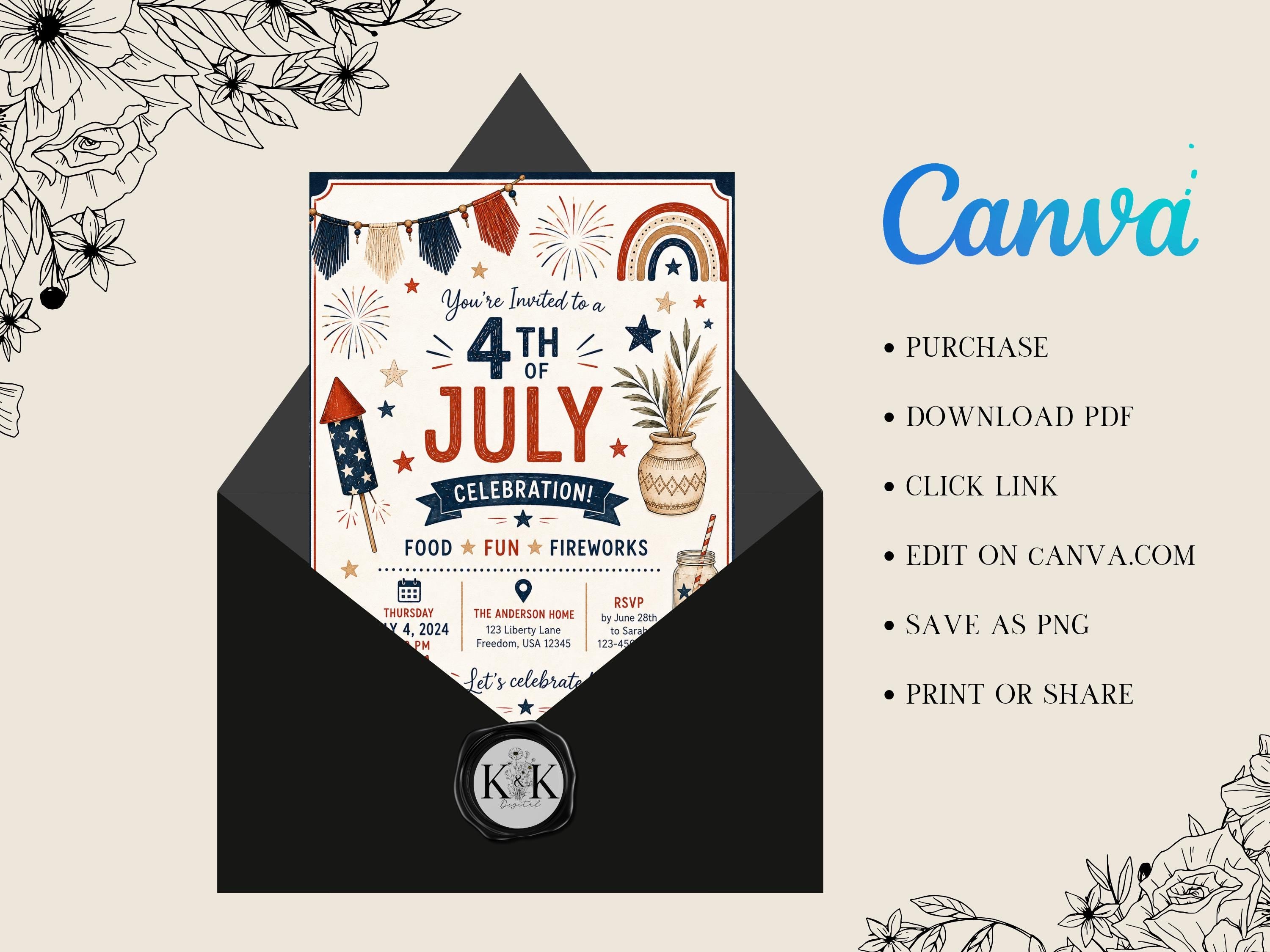 Fourth of July Boho Invitation Template, Editable Canva Invitation, Patriotic Camper Party Invite, Instant Download