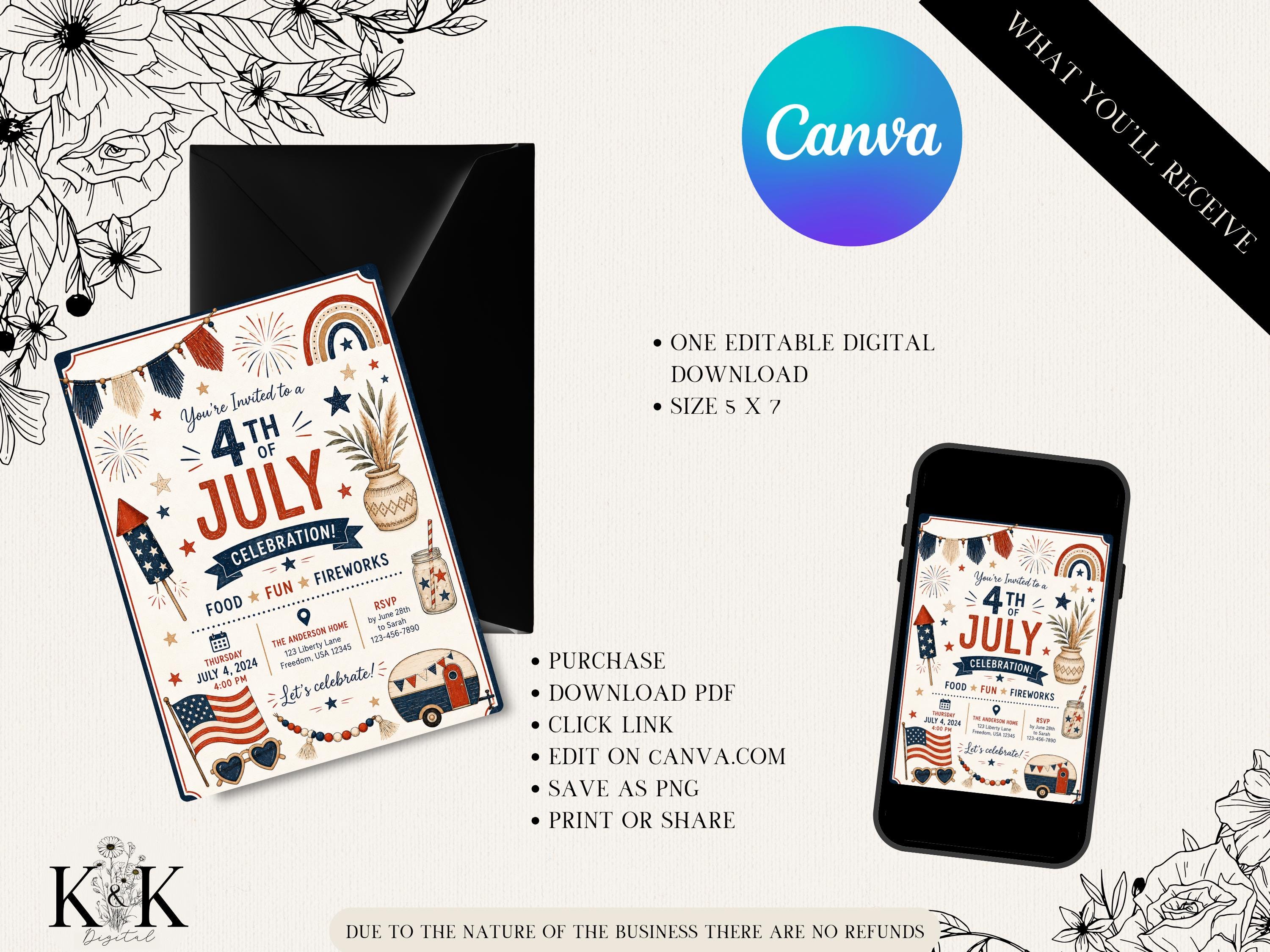 Fourth of July Boho Invitation Template, Editable Canva Invitation, Patriotic Camper Party Invite, Instant Download