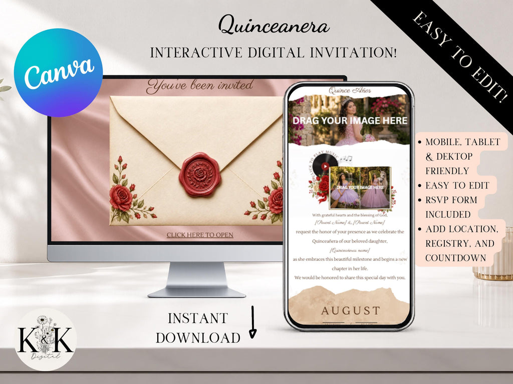 Quinceañera Invitation Website Template, Editable Canva Digital Invitation, Interactive Quince Invite with RSVP, Music, Countdown & Registry