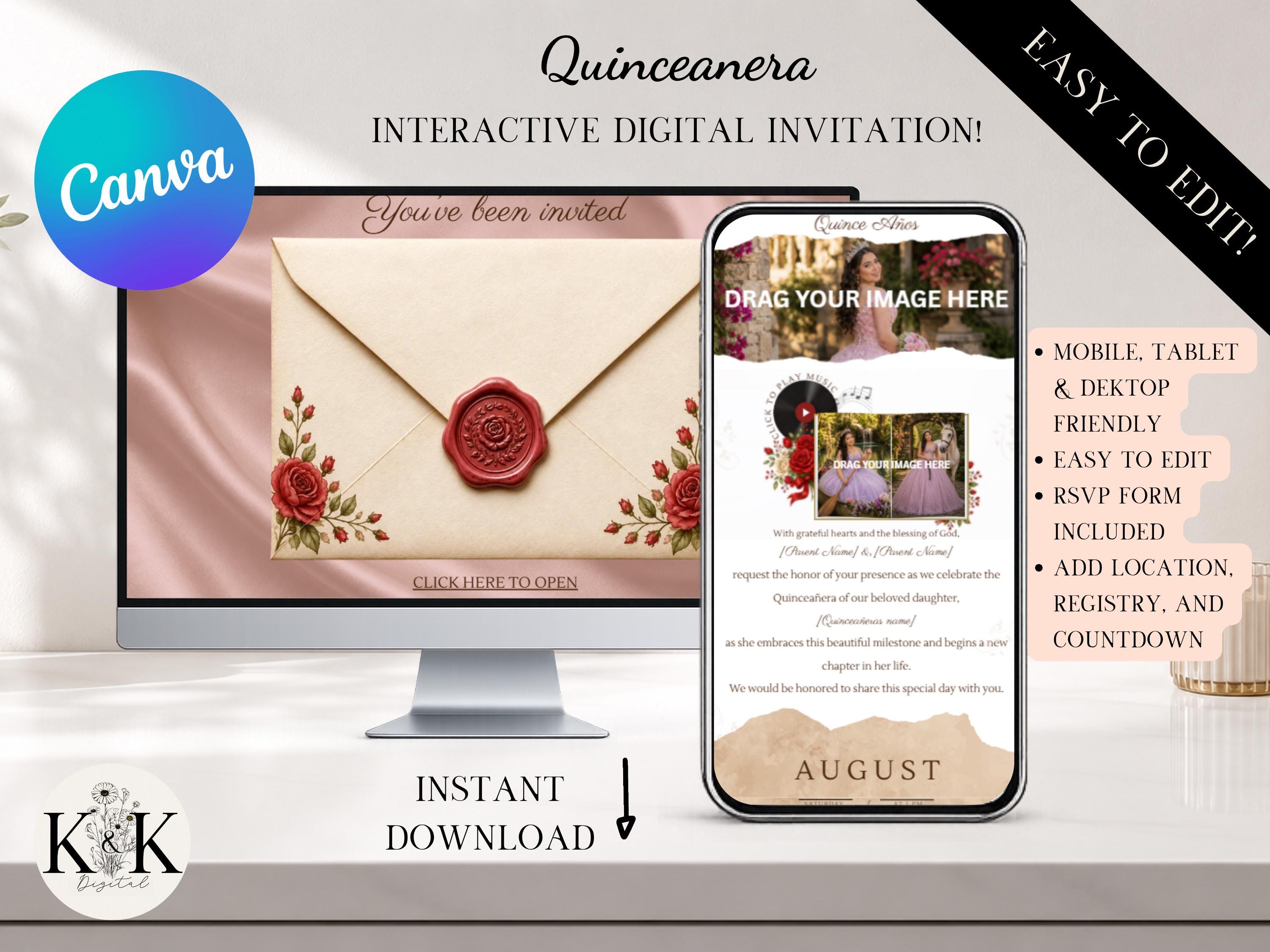 Quinceañera Invitation Website Template, Editable Canva Digital Invitation, Interactive Quince Invite with RSVP, Music, Countdown & Registry