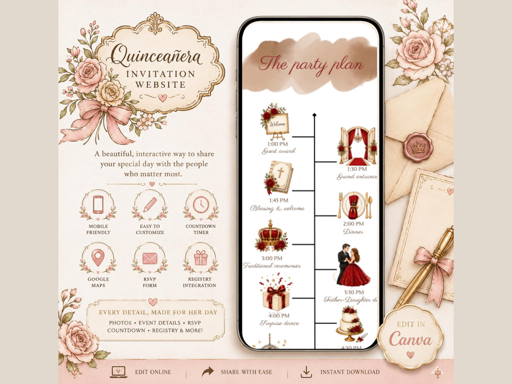 Quinceañera Invitation Website Template, Editable Canva Digital Invitation, Interactive Quince Invite with RSVP, Music, Countdown & Registry