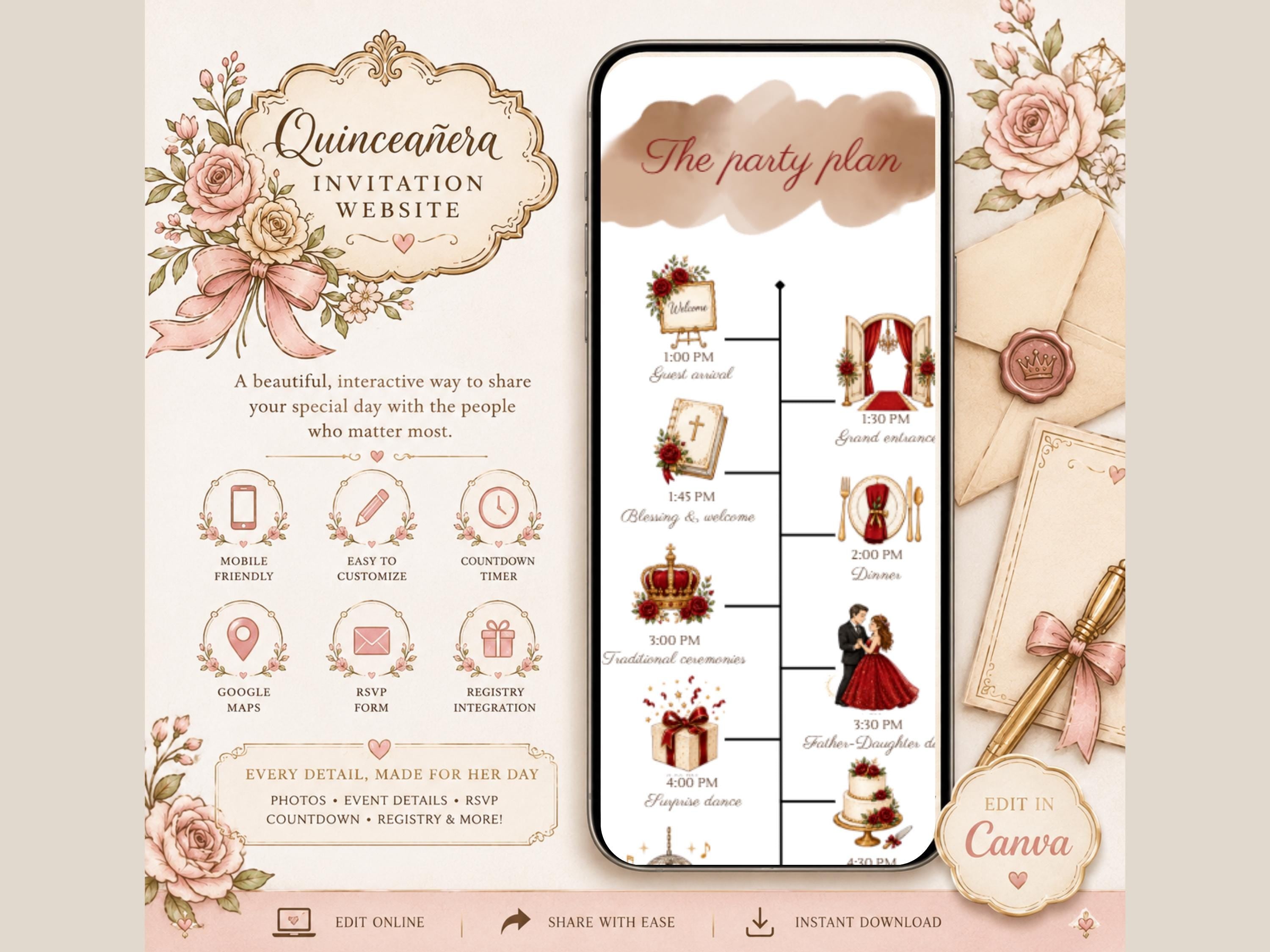 Quinceañera Invitation Website Template, Editable Canva Digital Invitation, Interactive Quince Invite with RSVP, Music, Countdown & Registry