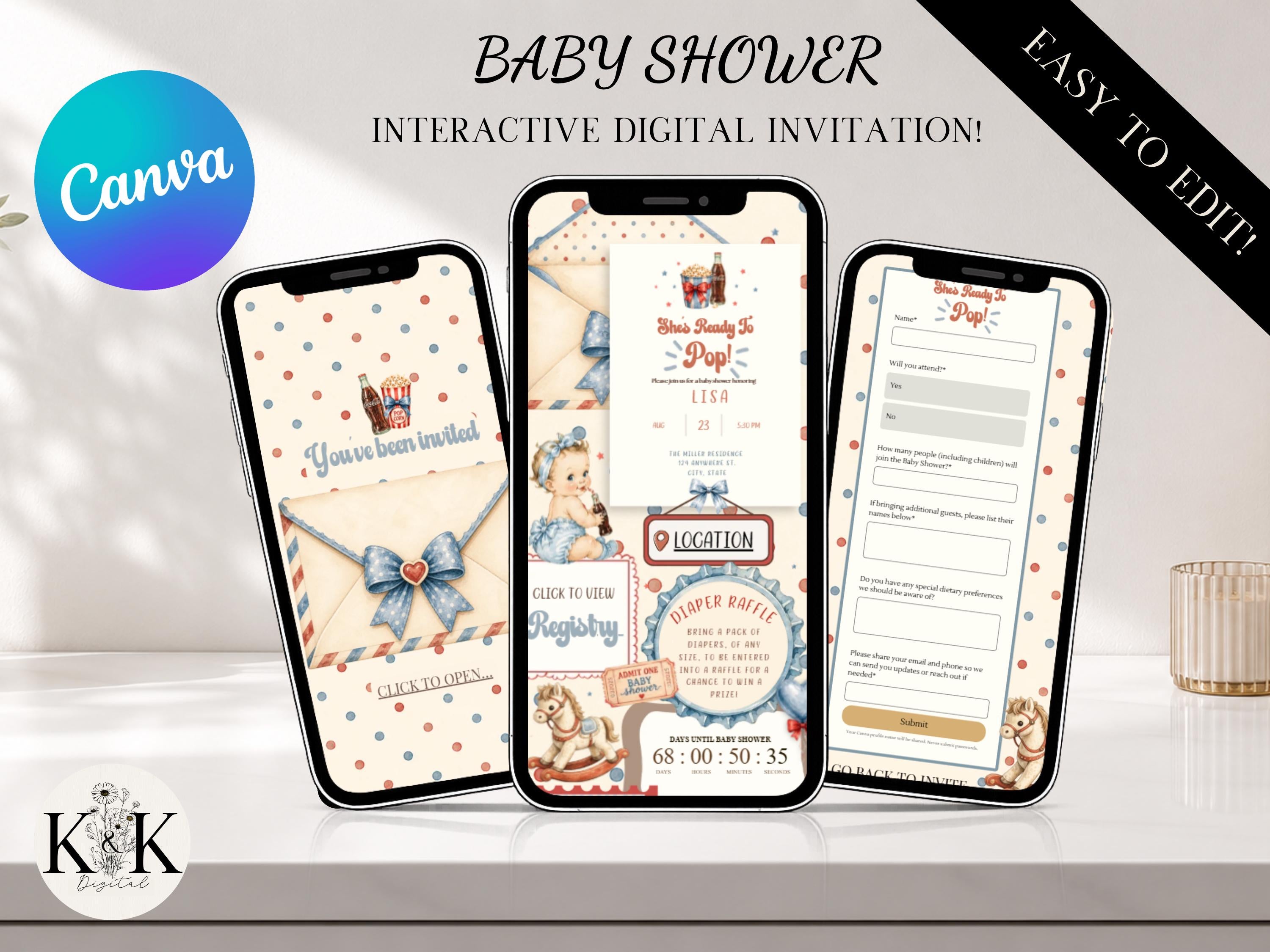 Shes ready to pop Baby Shower Animated Website Invite, Trackable RSVP (Digital Canva Template) Baby shower invitation | Cola | RSVP form