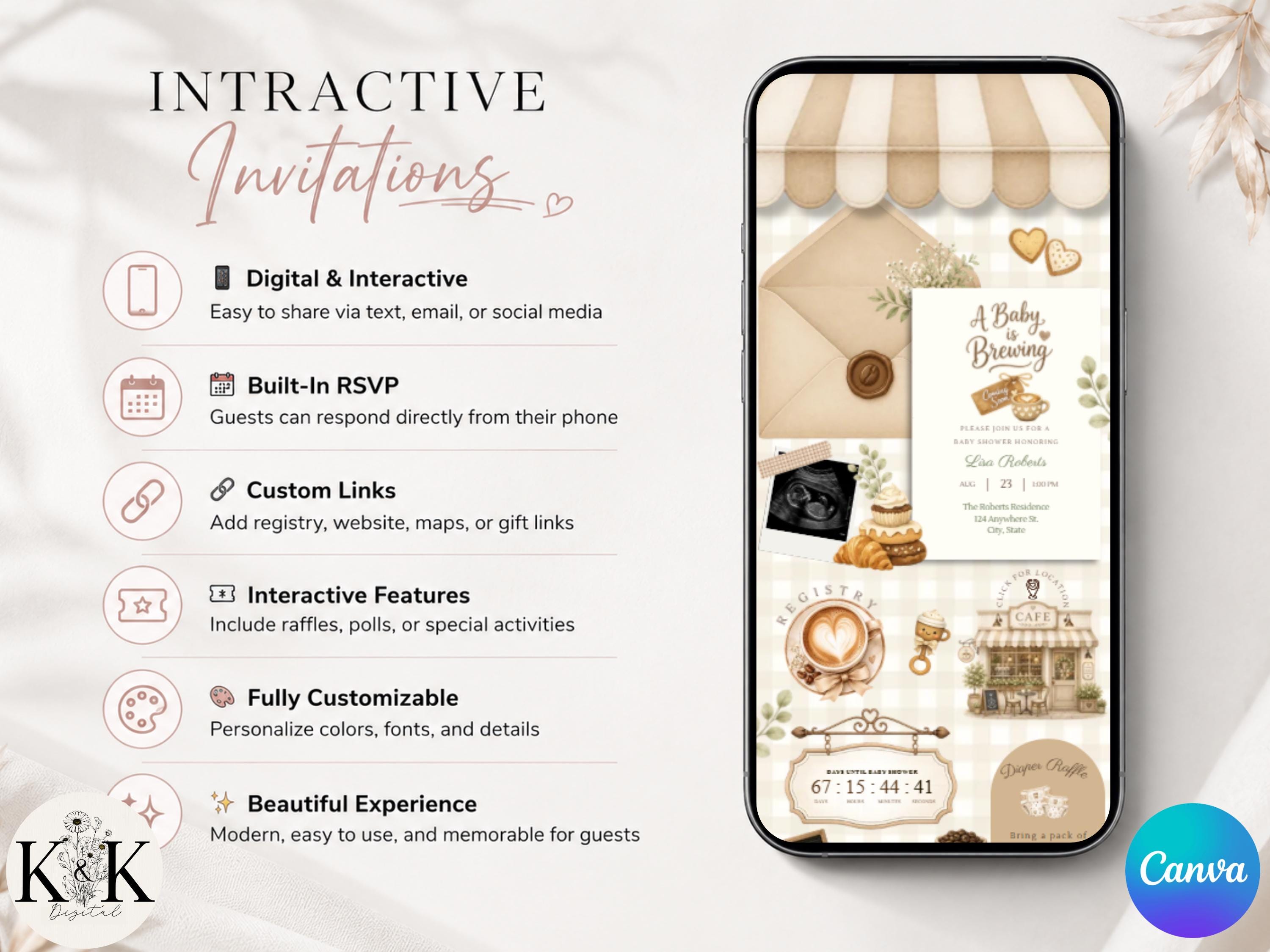 Baby is brewing Baby Shower Animated Website Invite, Trackable RSVP (Digital Canva Template) Baby shower invitation | coffee shop| RSVP form