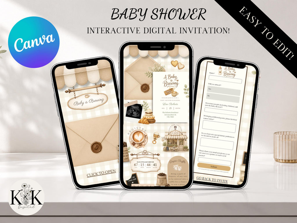 Baby is brewing Baby Shower Animated Website Invite, Trackable RSVP (Digital Canva Template) Baby shower invitation | coffee shop| RSVP form
