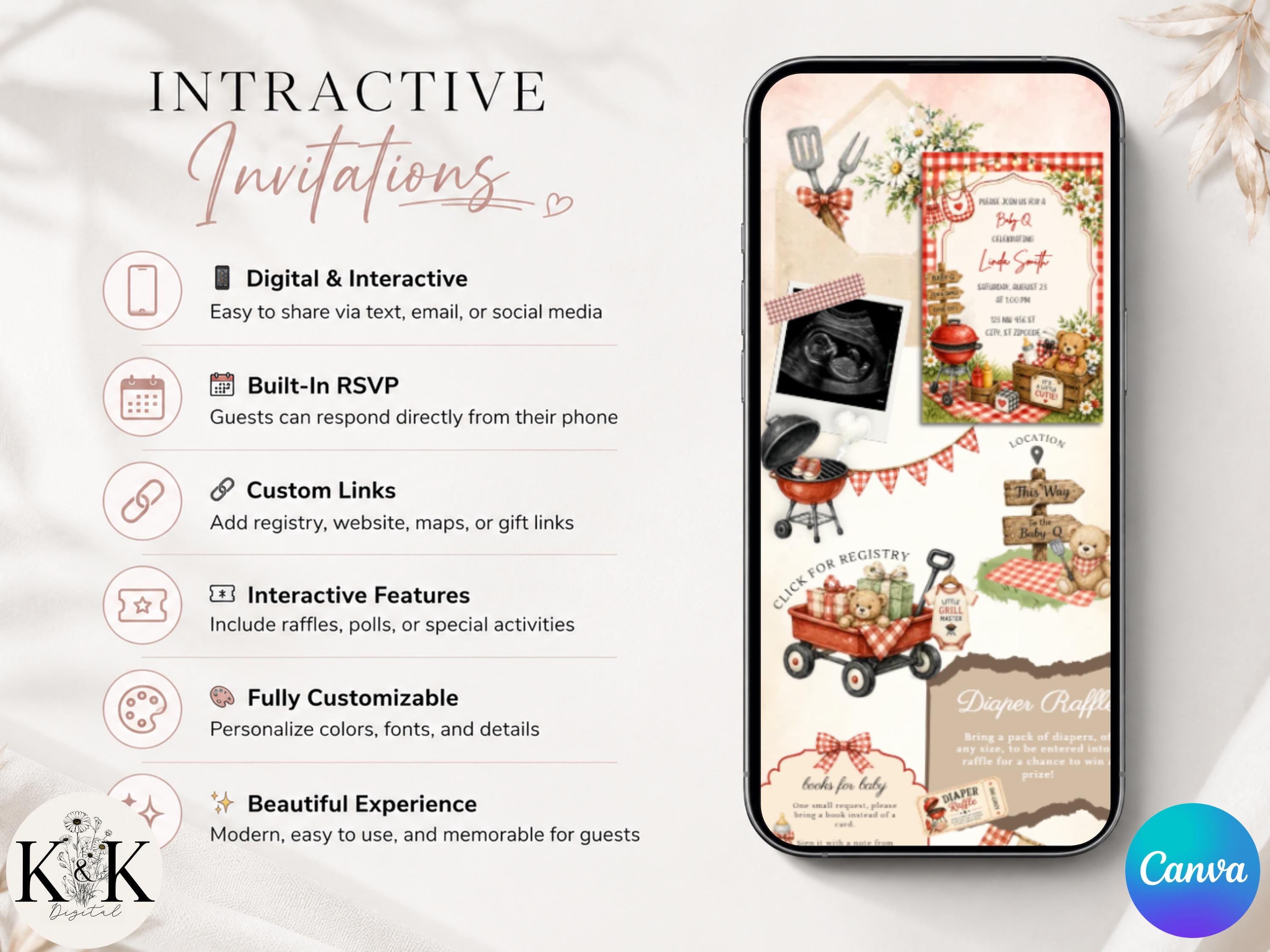 Baby-Q Barbecue Baby Shower Animated Website Invite, Trackable RSVP (Digital Canva Template) Baby shower invitation | Baby bun | RSVP form