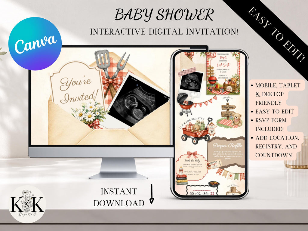 Baby-Q Barbecue Baby Shower Animated Website Invite, Trackable RSVP (Digital Canva Template) Baby shower invitation | Baby bun | RSVP form