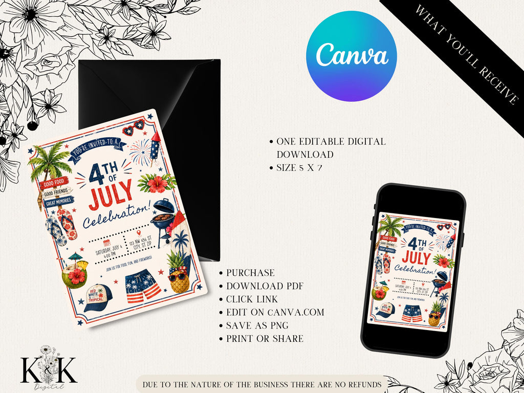 Fourth of July BBQ Invitation Template, Editable Canva Invitation, Patriotic Cookout Party Invite, Instant Download