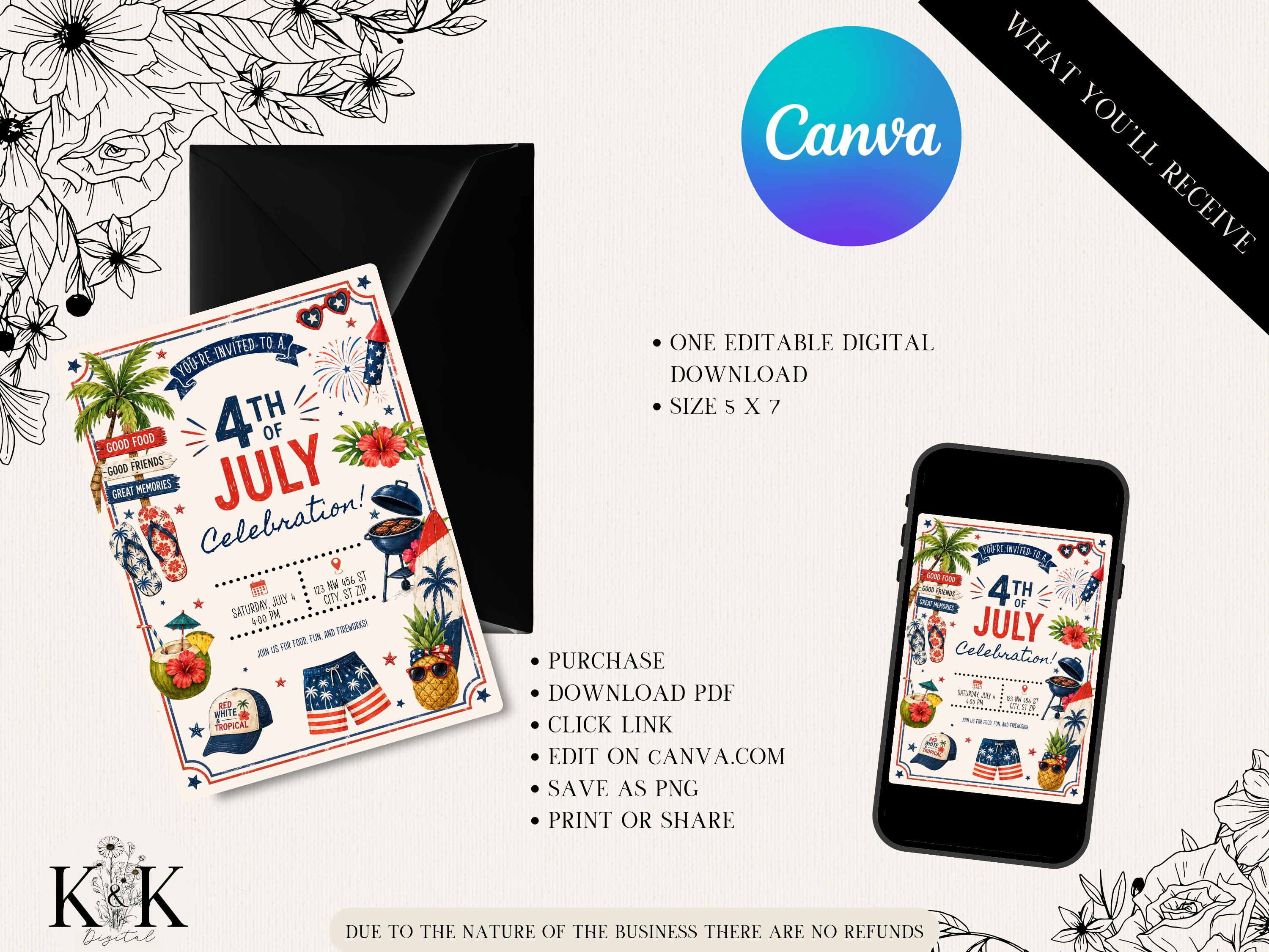 Fourth of July BBQ Invitation Template, Editable Canva Invitation, Patriotic Cookout Party Invite, Instant Download