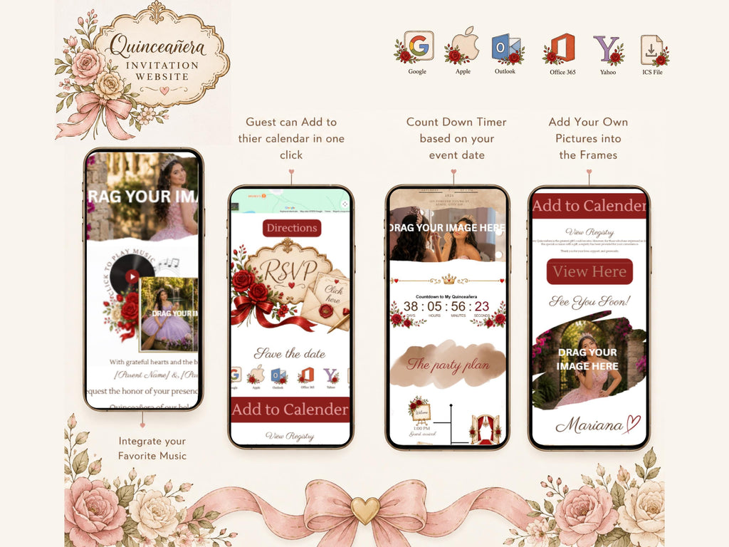 Quinceañera Invitation Website Template, Editable Canva Digital Invitation, Interactive Quince Invite with RSVP, Music, Countdown & Registry